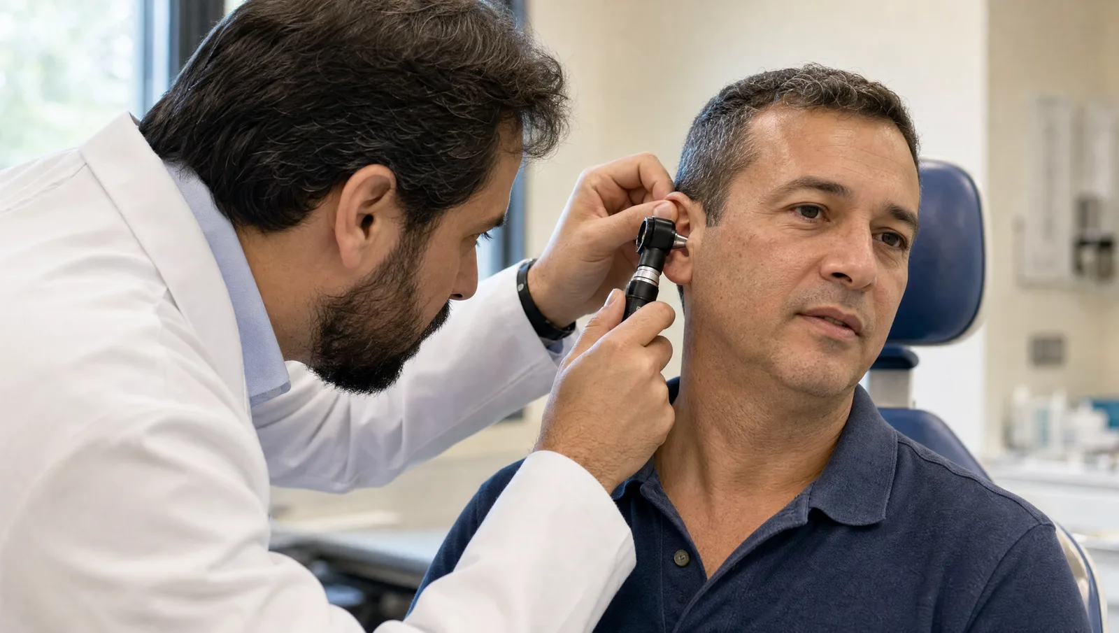 Médico otorrinolaringologista examinando o ouvido de um paciente com otoscópio, no consultório.